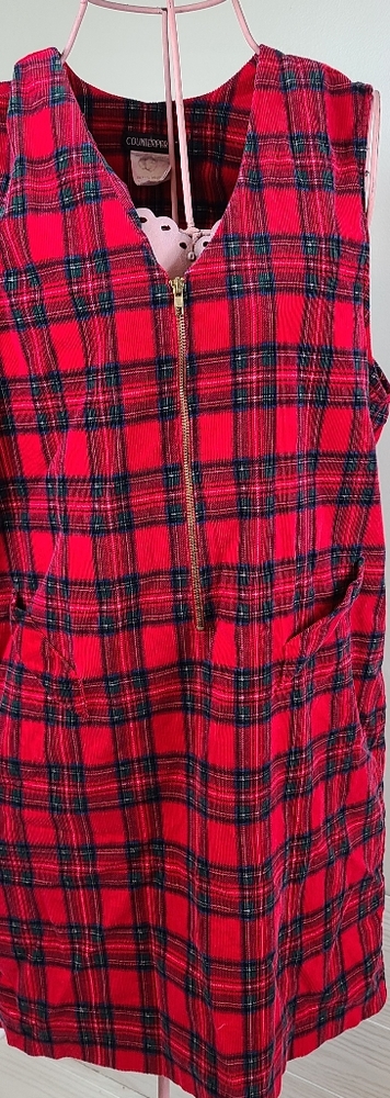 Vintage Counterparts Corduroy Plaid Jumper Dress Red Green Size 16 Zipper